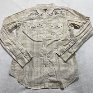 Bit And Bridle Shirt M Medium Cowboy Cowgirl Pearl Snap Embroidered Brown Floral